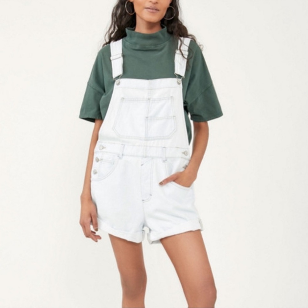 Free People White Denim Short Overalls with Green Top